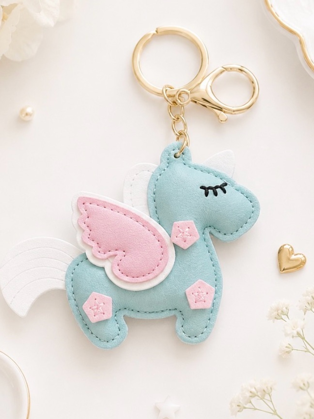 Bag Charm/Keyring-Blue Unicorn PU Leather Charm with Pink Accents-Gold Hardware